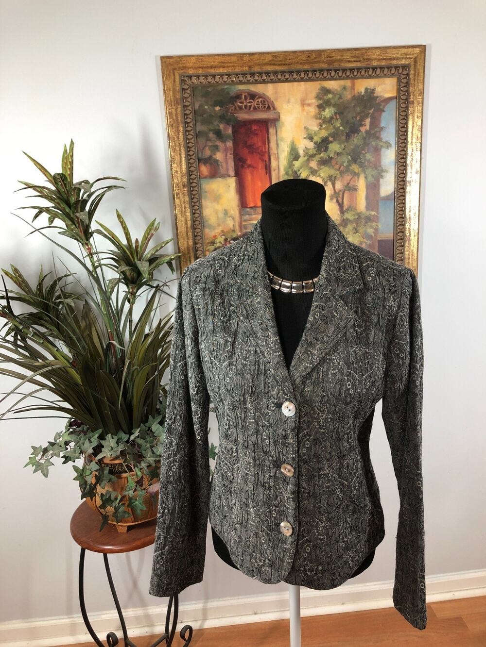Chico's Blazer Jacket Women's 0 Silver Metallic Notch Lapel Cocktail Business